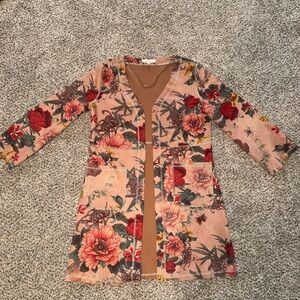 Solitaire Pink and Red Floral V-Neck Dress Jacket with Pockets
